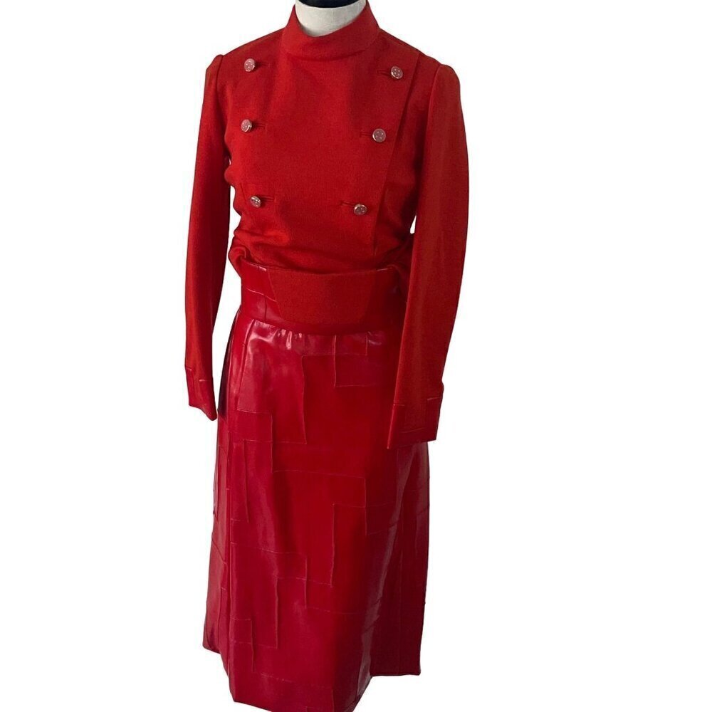 Ronald Amey Vintage Womens Skirt and Top Set Size XS Red Pockets Couture Wool